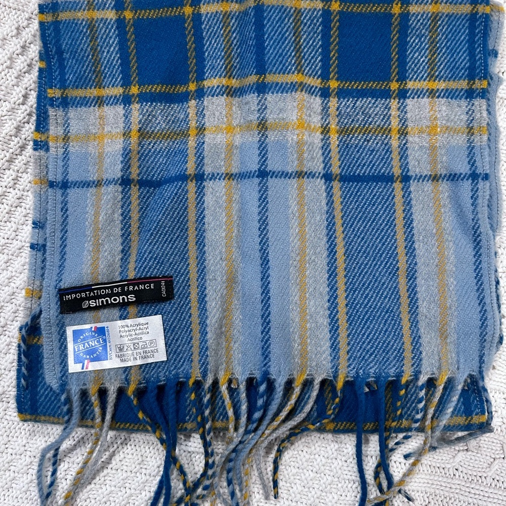 Simons Blue, Light Blue & Yellow Plaid Fringe Scarf. Made in France